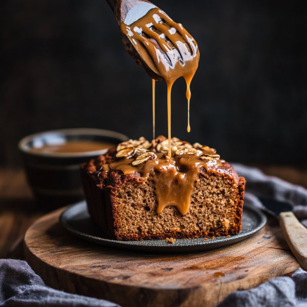 Golden slices of spiced dulce de leche banana bread with a caramel swirl, topped with a drizzle of dulce de leche and sprinkled with cinnamon.
