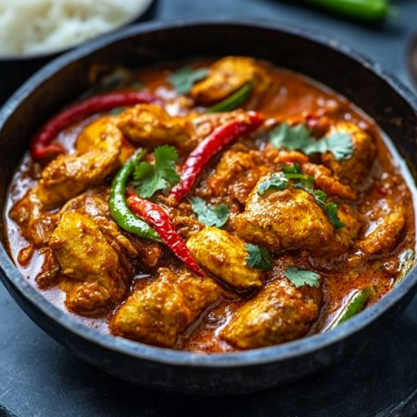 Spicy chicken jalfrezi curry with tender chicken pieces, bell peppers, onions, and tomatoes simmered in a rich sauce, served with rice.