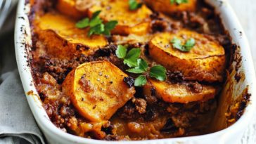 Golden butternut squash mince bake topped with melted cheese, baked in a casserole dish, garnished with fresh herbs.
