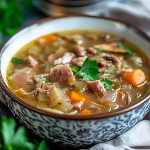 Instant Pot leftover hambone soup served in a rustic bowl with tender ham, beans, carrots, celery, and potatoes simmered in a savory broth, garnished with parsley.