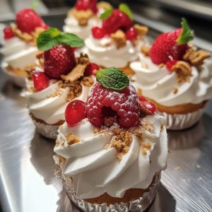“Mini pavlovas topped with whipped cream, fresh berries, and mint leaves on a serving platter.”