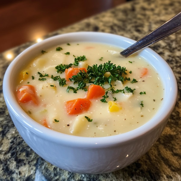 A warm bowl of rustic potato peel soup garnished with fresh herbs, served in a cozy kitchen setting.