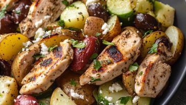 Greek chicken and potato salad served in a bowl with grilled chicken, roasted potatoes, cucumbers, cherry tomatoes, red onions, Kalamata olives, and feta cheese, drizzled with lemon-oregano dressing.