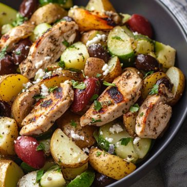 Greek chicken and potato salad served in a bowl with grilled chicken, roasted potatoes, cucumbers, cherry tomatoes, red onions, Kalamata olives, and feta cheese, drizzled with lemon-oregano dressing.