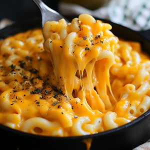Butternut squash mac and cheese served in a casserole dish, featuring creamy cheese sauce blended with roasted butternut squash, baked pasta topped with golden breadcrumbs and fresh herbs.