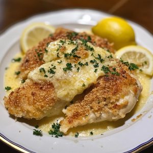 Parmesan lemon chicken served on a plate with golden crispy coating, fresh lemon slices, and sprinkled Parmesan cheese, garnished with parsley.