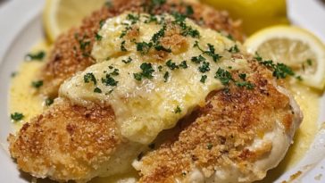 Parmesan lemon chicken served on a plate with golden crispy coating, fresh lemon slices, and sprinkled Parmesan cheese, garnished with parsley.