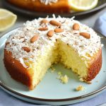 Easy Lemon Coconut Almond Cake Recipe with golden cake topped with toasted almonds, shredded coconut, and lemon glaze on a serving plate.