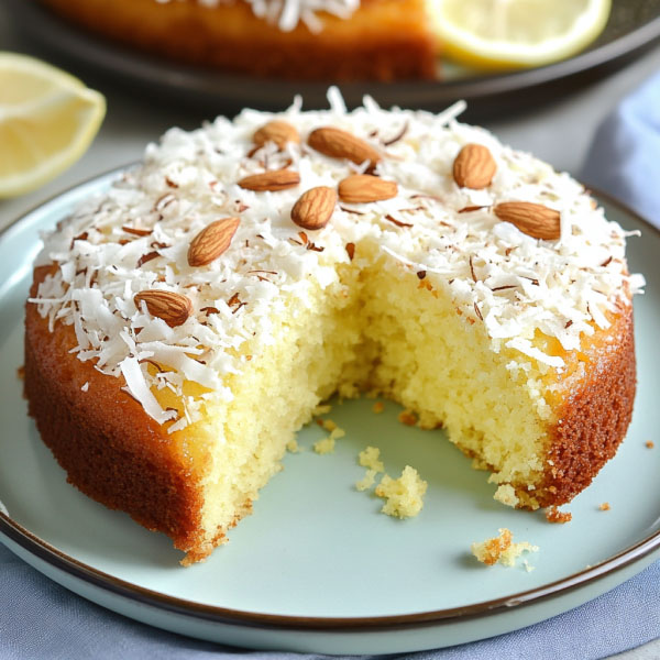 Easy Lemon Coconut Almond Cake Recipe with golden cake topped with toasted almonds, shredded coconut, and lemon glaze on a serving plate.