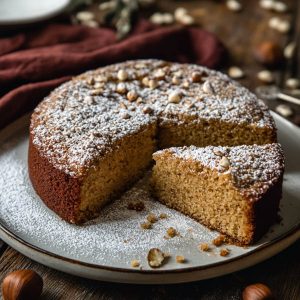Moist hazelnut olive oil cake topped with powdered sugar and fresh berries on a rustic plate