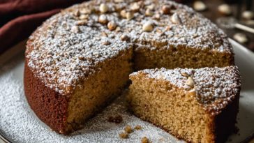 Moist hazelnut olive oil cake topped with powdered sugar and fresh berries on a rustic plate