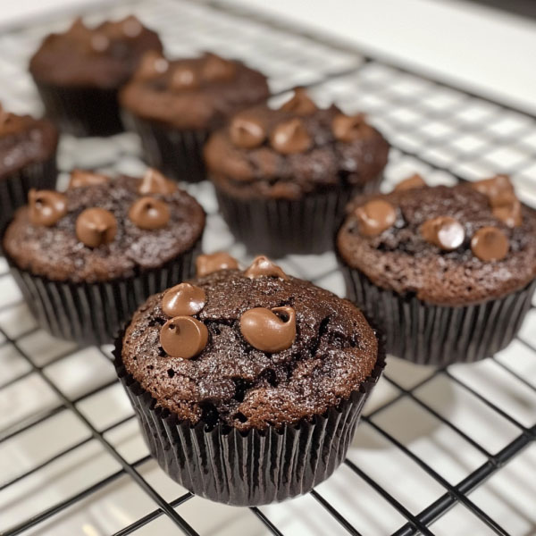 Freshly baked chocolate muffins with a rich cocoa flavor, topped with chocolate chips and served on a rustic plate.