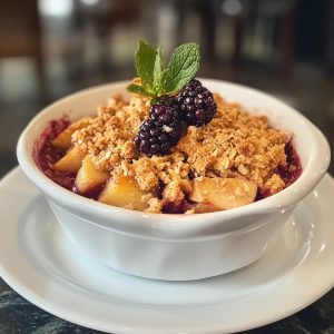 Warm apple and bramble crumble served in a rustic dish, topped with golden buttery crumble and a scoop of vanilla ice cream.