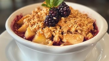 Warm apple and bramble crumble served in a rustic dish, topped with golden buttery crumble and a scoop of vanilla ice cream.