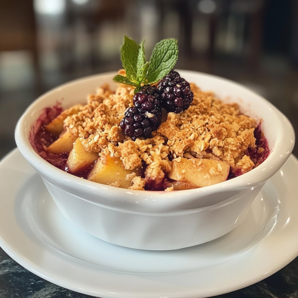 Warm apple and bramble crumble served in a rustic dish, topped with golden buttery crumble and a scoop of vanilla ice cream.