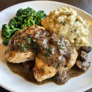 Chicken with mustard mascarpone Marsala sauce served in a skillet, featuring tender chicken breasts smothered in creamy sauce with mushrooms and fresh herbs.