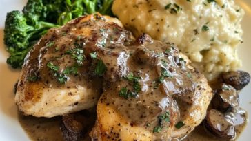 Chicken with mustard mascarpone Marsala sauce served in a skillet, featuring tender chicken breasts smothered in creamy sauce with mushrooms and fresh herbs.