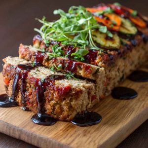 Vegetable meatloaf topped with balsamic glaze, sliced and served on a platter with fresh herbs, showcasing a hearty and colorful loaf.