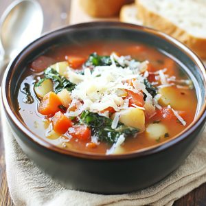 Tuscan vegetable soup served in a rustic bowl with cannellini beans, kale, carrots, tomatoes, and fresh herbs, paired with crusty bread.
