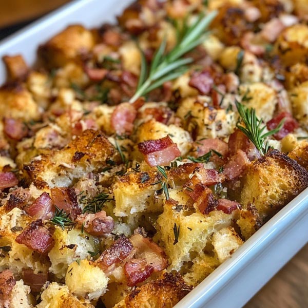 Bacon, onion, and herb stuffing baked golden brown in a casserole dish, with crispy edges, savory bacon pieces, caramelized onions, and fresh herbs.