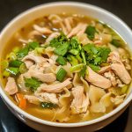 Peppery chicken noodle soup served in a rustic bowl with tender chicken pieces, noodles, carrots, celery, and a savory broth seasoned with black pepper and fresh herbs.