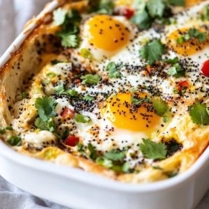 Everything bagel egg bake served in a casserole dish, layered with bagel pieces, eggs, cheese, and seasonings, baked golden brown and garnished with fresh herbs.