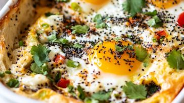 Everything bagel egg bake served in a casserole dish, layered with bagel pieces, eggs, cheese, and seasonings, baked golden brown and garnished with fresh herbs.
