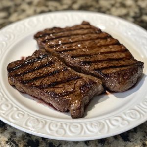 Perfectly grilled steak with charred grill marks, juicy center, and fresh herbs served on a wooden board with sides.