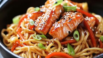 Teriyaki salmon noodles with glazed salmon fillet, stir‑fried vegetables, and sesame seeds served in a bowl