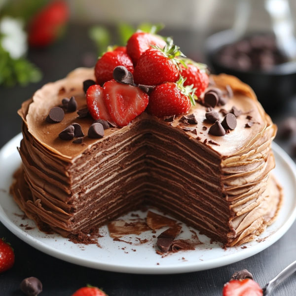 Chocolate mousse crepe cake layered with thin crepes and rich chocolate mousse, topped with cocoa powder and chocolate shavings, served on a cake stand.