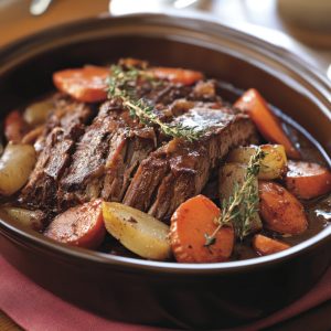 Tender company pot roast served with carrots, potatoes, and onions in a rich gravy, garnished with fresh herbs for a hearty family-style dinner.