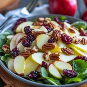 Apple cranberry pecan salad served in a large bowl with crisp apple slices, dried cranberries, crunchy pecans, mixed greens, and a light vinaigrette dressing.