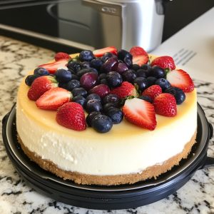 Perfect Instant Pot New York cheesecake with a golden crust, creamy filling, and topped with fresh berries, served on a cake stand.