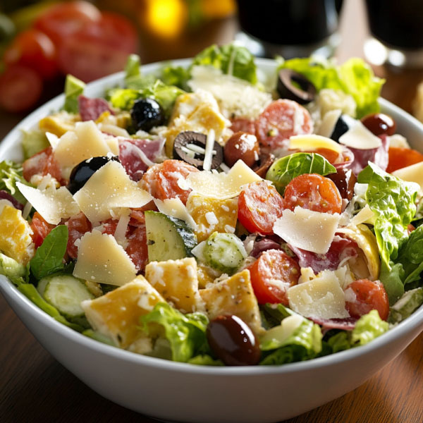 Fresh Mega Italian Salad with colorful vegetables, olives, cheese, and herbs served in a large bowl