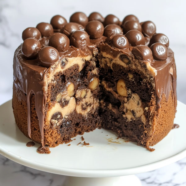 Maltesers marble cake with swirls of chocolate and vanilla sponge, topped with creamy frosting and crunchy Maltesers candy pieces.