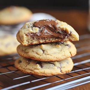 Nutella Stuffed Cookies Recipe with golden-brown cookies filled with gooey Nutella chocolate hazelnut spread, stacked on a plate.