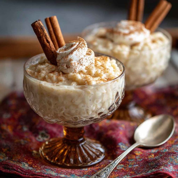 “A creamy rice pudding topped with ground cinnamon and garnished with a cinnamon stick in a serving bowl.”