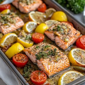 Lemon Garlic Salmon Tray Bake Recipe with perfectly baked salmon fillets, roasted vegetables, and fresh lemon slices on a tray.