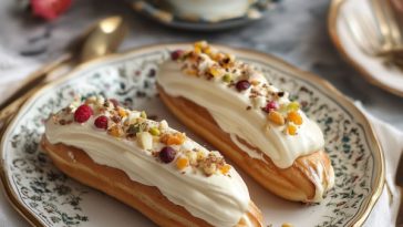 “Golden éclairs filled with vanilla cream and topped with glossy chocolate glaze on a serving tray.”