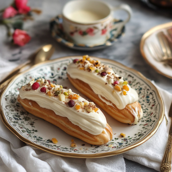 “Golden éclairs filled with vanilla cream and topped with glossy chocolate glaze on a serving tray.”