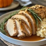 Golden roasted Thanksgiving turkey with crispy skin, juicy meat, and fresh herbs served on a holiday table.