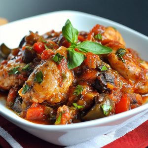 Classic chicken cacciatore recipe with braised chicken, tomatoes, bell peppers, onions, and herbs simmered in a rustic Italian sauce, served in a skillet.