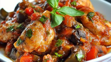Classic chicken cacciatore recipe with braised chicken, tomatoes, bell peppers, onions, and herbs simmered in a rustic Italian sauce, served in a skillet.