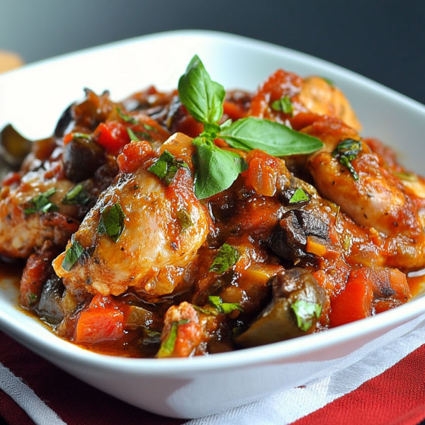 Classic chicken cacciatore recipe with braised chicken, tomatoes, bell peppers, onions, and herbs simmered in a rustic Italian sauce, served in a skillet.