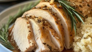 Golden roasted Thanksgiving turkey with crispy skin, juicy meat, and fresh herbs served on a holiday table.