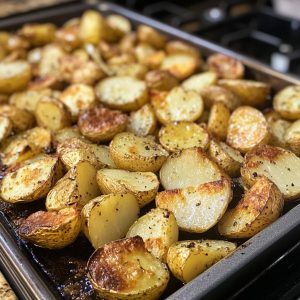 Salt and vinegar roasted potatoes baked until golden and crispy, served on a tray with fresh herbs and a dipping sauce on the side.