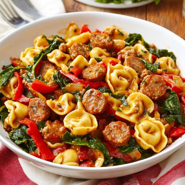 Sausage and tortellini stir-fry served in a skillet with golden-browned sausage slices, cheese-filled tortellini, colorful bell peppers, onions, and fresh parsley garnish.