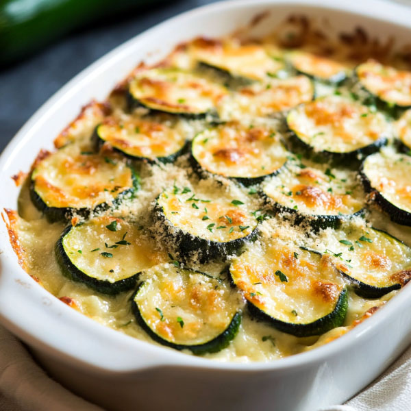 Cheesy zucchini gratin baked golden brown in a casserole dish, layered with sliced zucchini, creamy sauce, and melted cheese, garnished with fresh herbs.