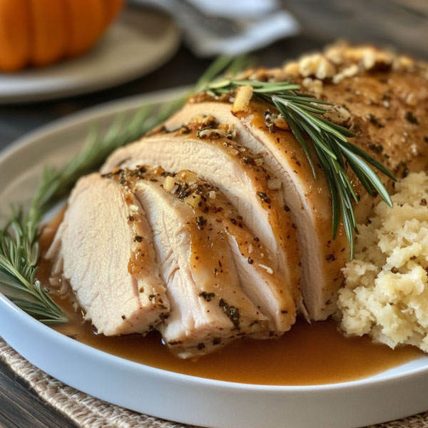 Golden roasted Thanksgiving turkey with crispy skin, juicy meat, and fresh herbs served on a holiday table.