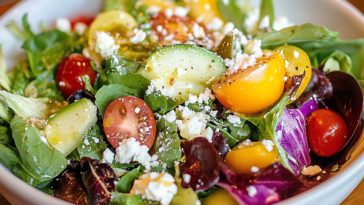 Fresh garden salad with crisp lettuce, cherry tomatoes, cucumbers, carrots, and red onion tossed in a light vinaigrette.